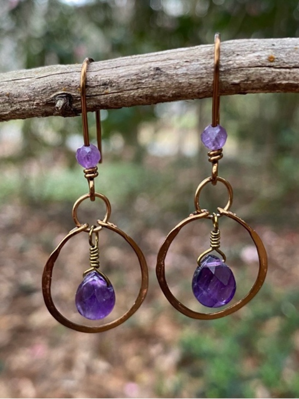 Handmade Amethyst Drop Hoop Earrings